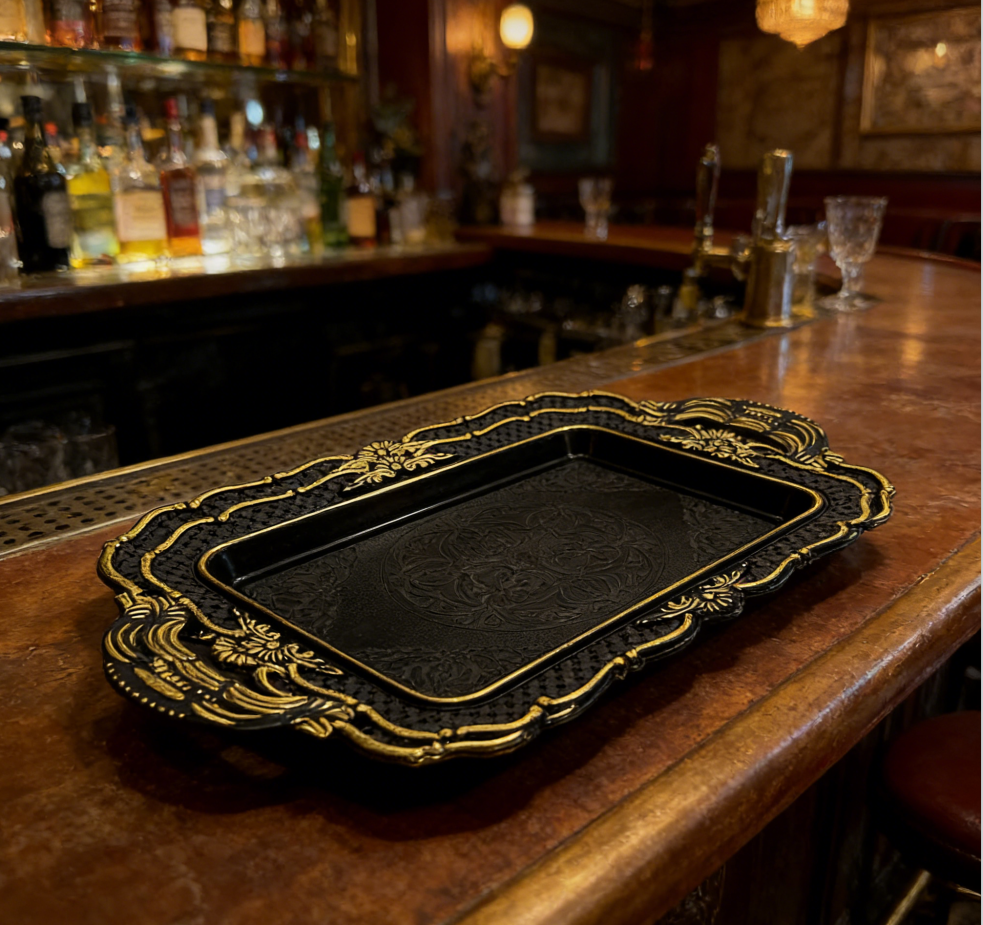 欧式复古黑金雕花塑料托盘 带手柄长方形茶盘 家用客厅水果零食收纳盘产品图