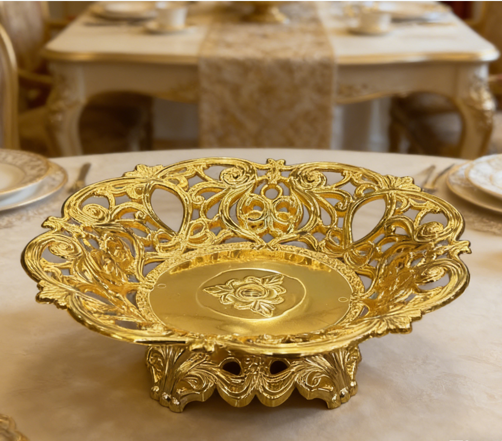 欧式复古金色镂空果盘 塑料雕花零食盘 客厅茶几装饰摆件水果收纳盘