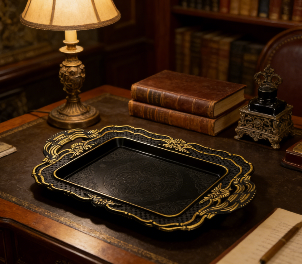 欧式复古黑金雕花塑料托盘 带手柄长方形茶盘 家用客厅水果零食收纳盘细节图