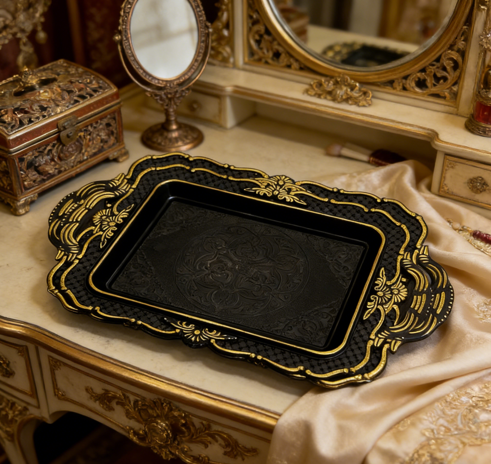 欧式复古黑金雕花塑料托盘 带手柄长方形茶盘 家用客厅水果零食收纳盘白底实物图