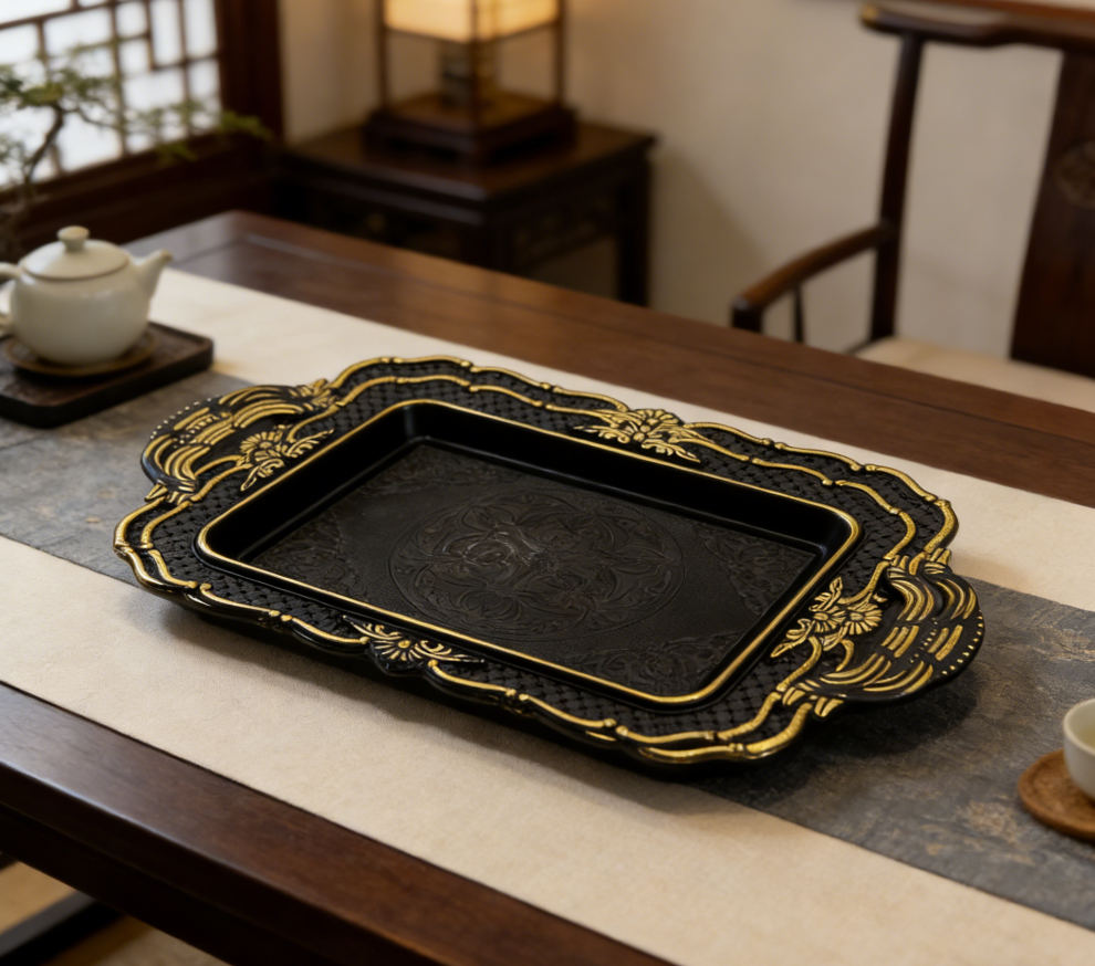 欧式复古黑金雕花塑料托盘 带手柄长方形茶盘 家用客厅水果零食收纳盘