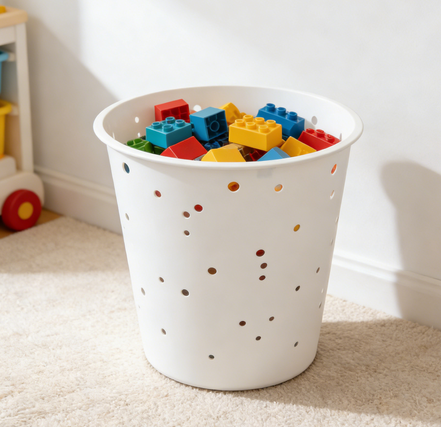 Nordic-style polka dot hollowed-out dirty clothes basket, large-capacity breathable laundry basket, bathroom and bedroom clothes storage basket, laundry basket with lid storage, dirty clothes basket wholesale Application Scenario