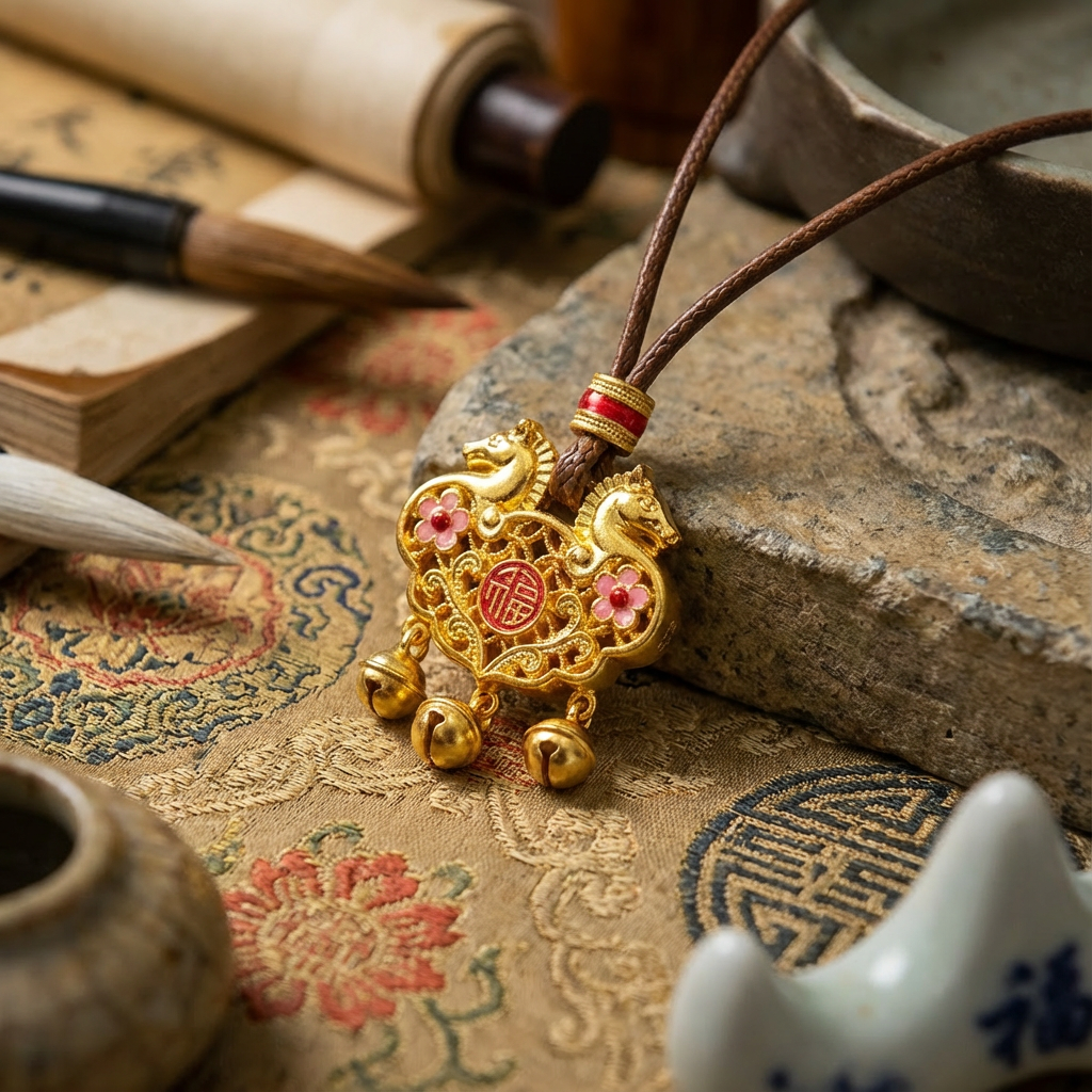 Gold double horse Thangka, hand-carved and hollowed-out, with gold and silver inlaid, chain head jewelry, silver accessory, New Year gift