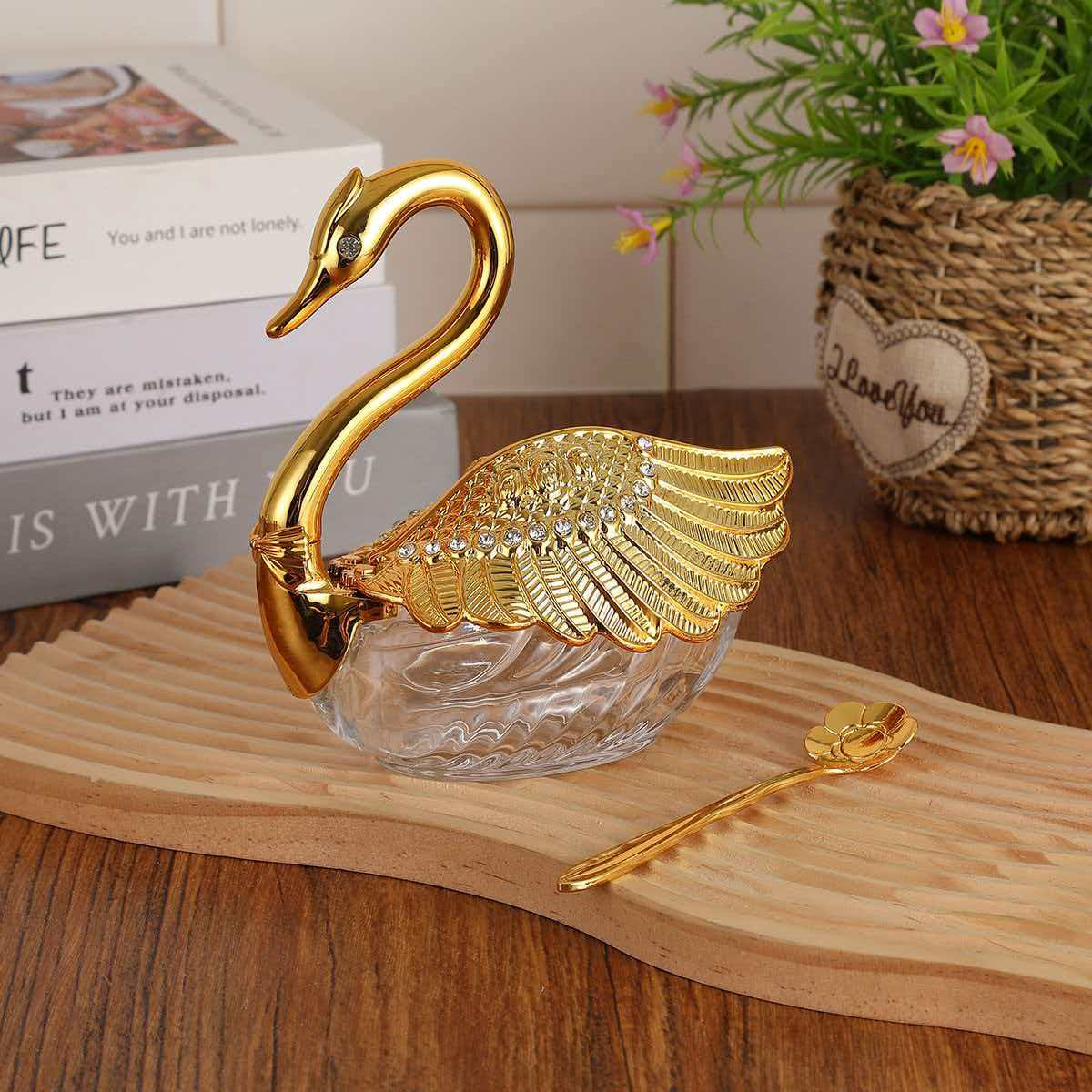 天鹅造型玻璃容器水晶工艺手饰蝴蝶结调味罐装饰品