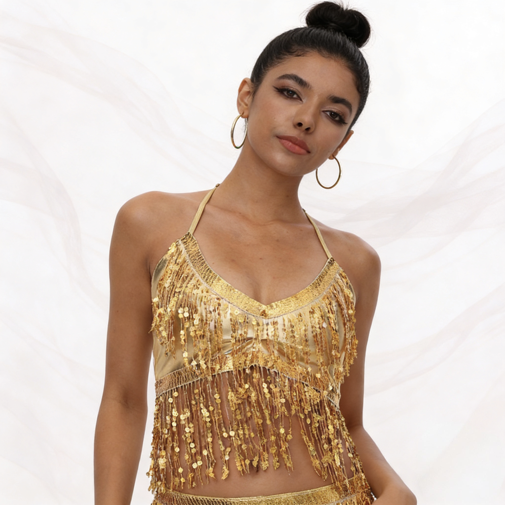 女士亮片流苏短款上衣性感挂脖露背流苏吊带派对夜店舞台狂欢音乐节穿搭Y2K复古风火辣性感支持定制加工跨境电商爆款亚马逊稀音产品图