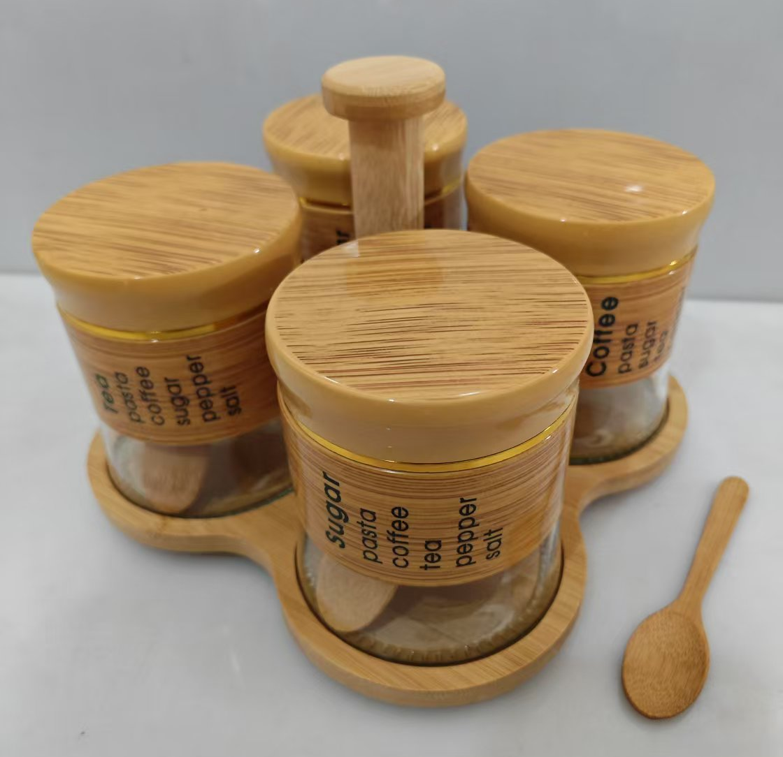 新款竹架调味罐套装单层旋转架4件套