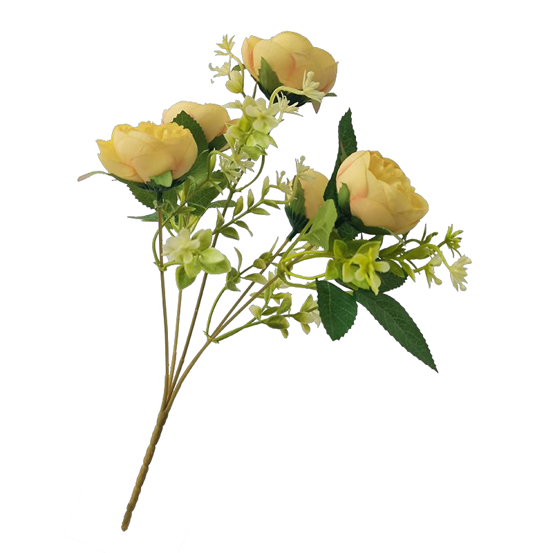 Yellow tea rose bouquet, realistic 5-head flower arrangement, artificial plant wall, artificial flower waterfall, wedding decoration, multi-purpose display item Item Picture