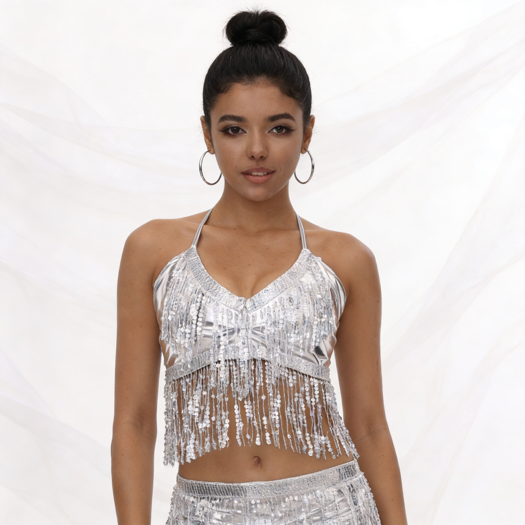 女士亮片流苏短款上衣性感挂脖露背流苏吊带派对夜店舞台狂欢音乐节穿搭Y2K复古风火辣性感支持定制加工跨境电商爆款亚马逊稀音详情图10