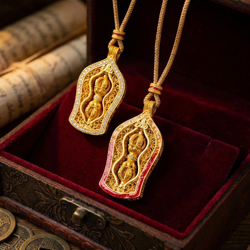 A hand-carved movable pendant Thangka necklace in the style of Indian Buddhism with gold and silver covering