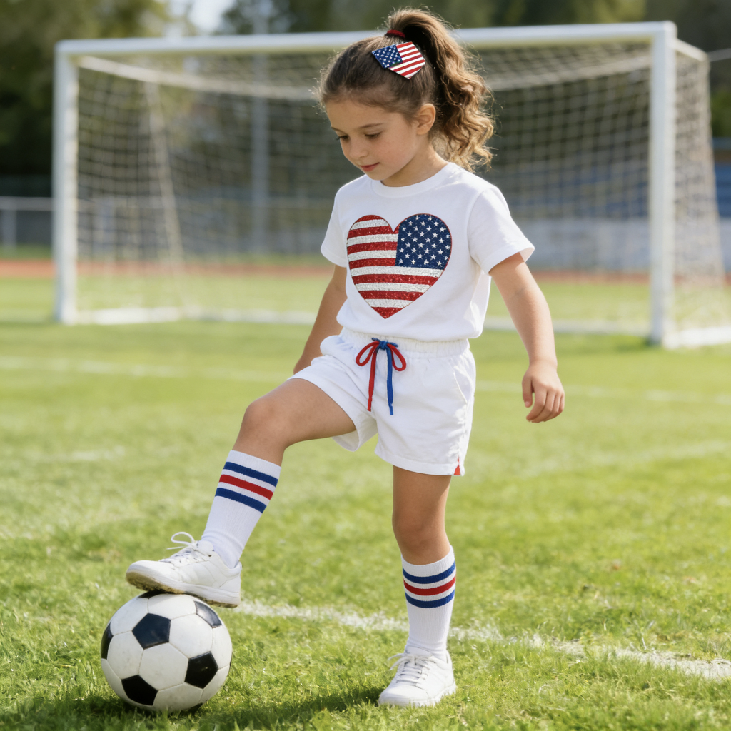 2026世界杯美加墨儿童国旗元素心形图案设计短袖短裤套装支持定制加工跨境电商爆款亚马逊稀音供货世界杯儿童棉质服装儿童服装