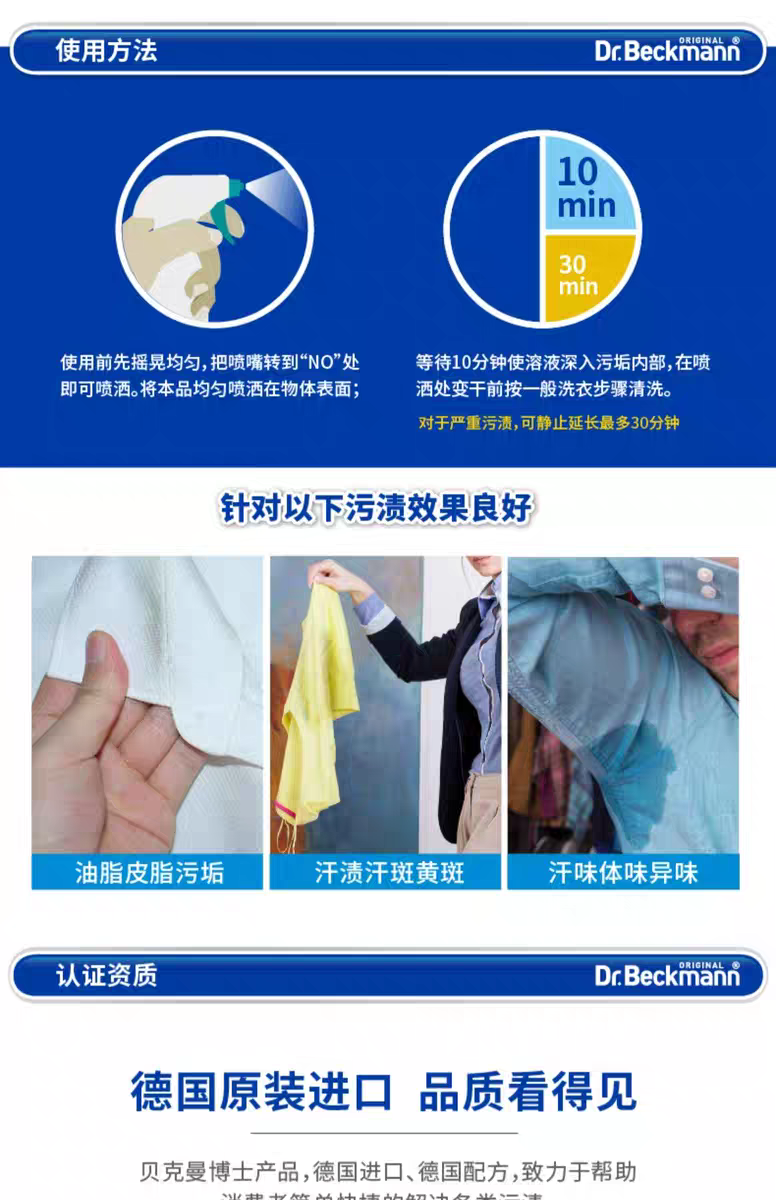 贝克曼博士多效衣物除味喷剂250ml 德国进口贝克曼博士衣物除臭剂除汗斑味火锅除味剂喷雾详情图7