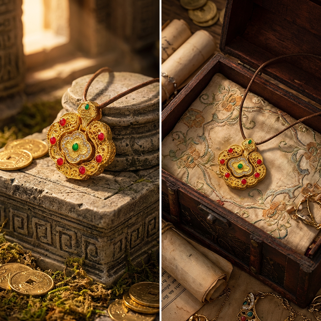 金色镶嵌宝石吊坠金包银宫廷金色镂空花纹锦绣如意锁银饰配件祥云纳福金珐琅坠