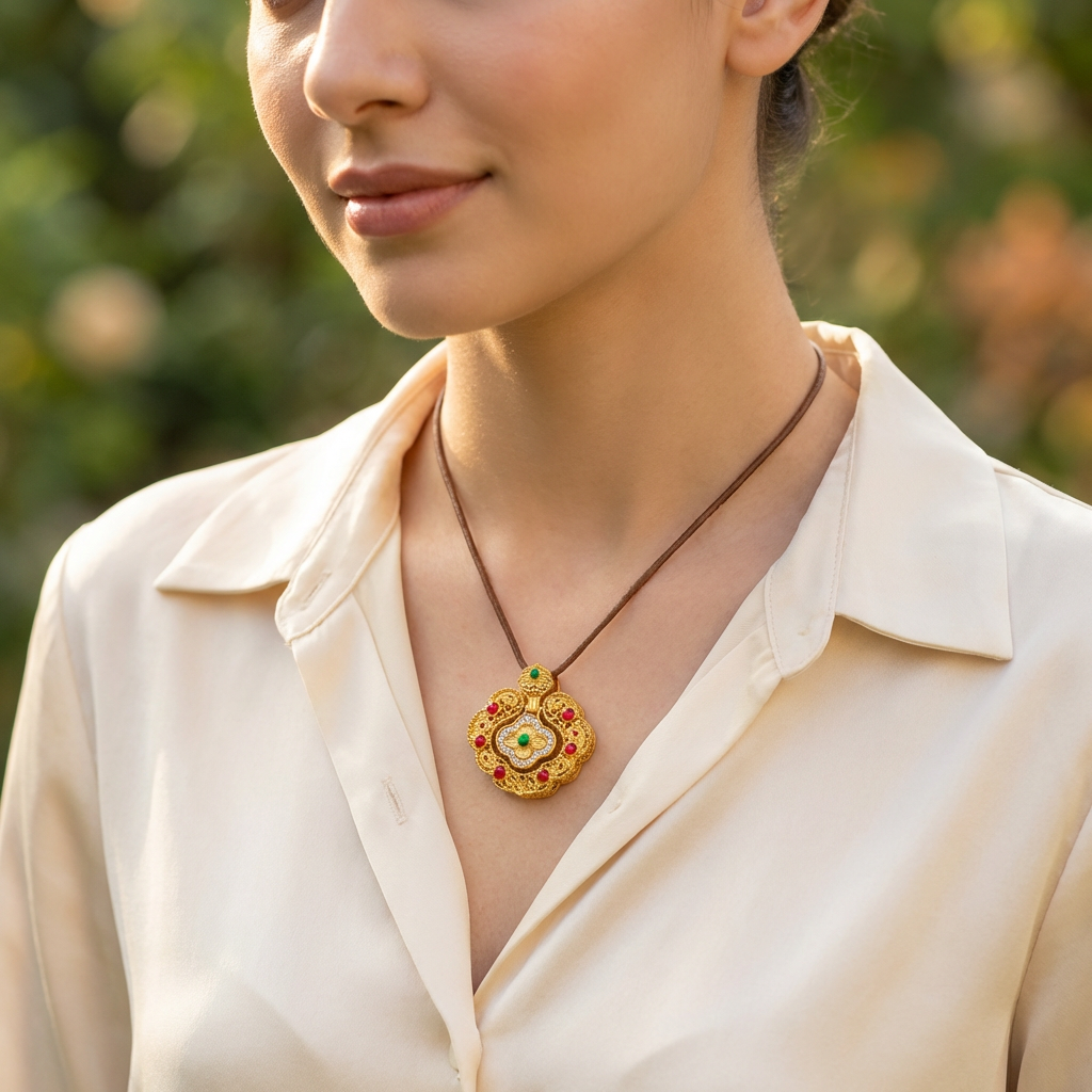 Gold gemstone inlaid pendant, gold wrapped in silver, court gold hollowed-out pattern brocade ruyi lock silver jewelry accessory, auspicious cloud bringing good fortune gold enamel pendant Item Picture