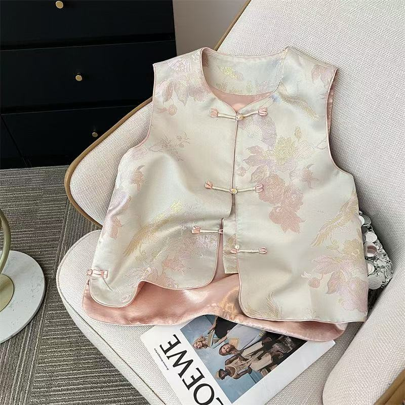 仙鹤牡丹新中式国风提花盘扣无袖马甲女春夏复古高端外穿坎肩上衣