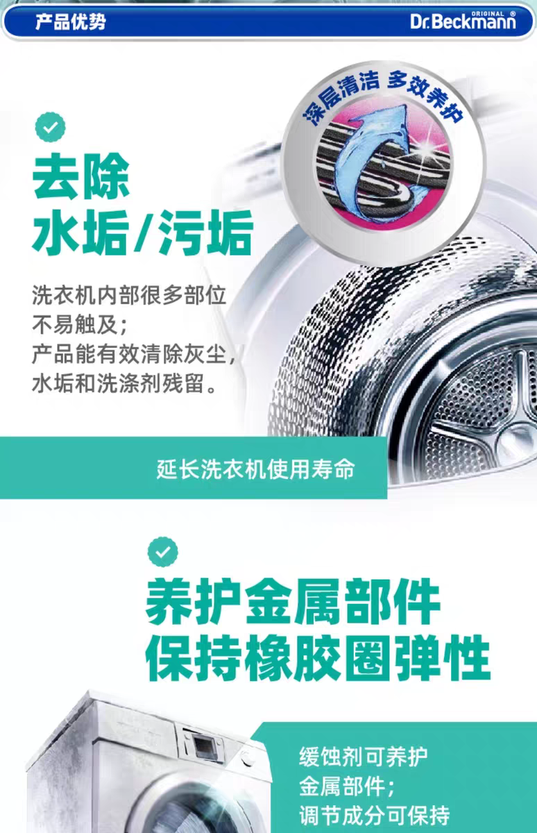 德国进口贝克曼博士深层洁净洗衣机养护剂250ml  强力去污除垢养护家用全自动滚筒洗衣机槽抑菌清洁剂详情图5