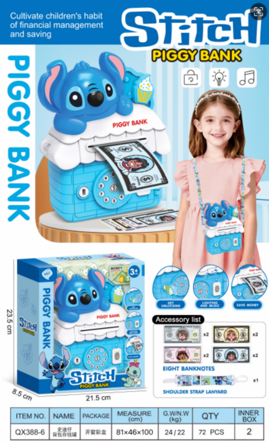 跨境电商儿童爆款史迪仔背包存钱罐带灯光音乐储蓄罐密码存钱罐摆件玩具创意储钱器