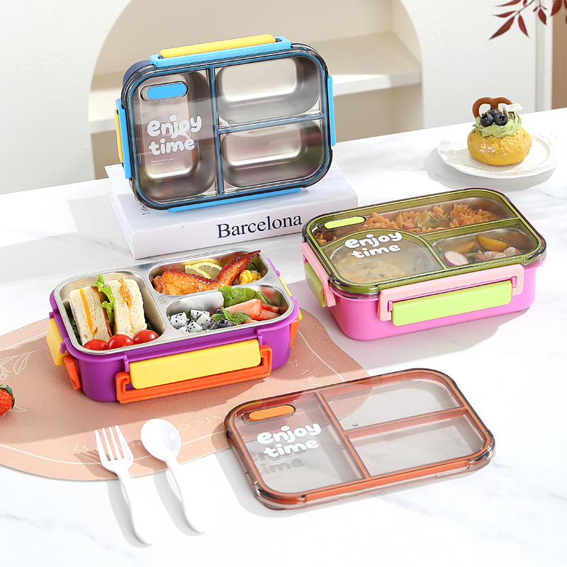 304 不锈钢多格饭盒 便携密封防漏便当盒 学生上班族带饭专用 多色可选手提午餐盒详情2