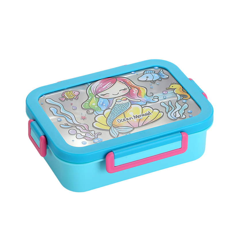 可爱美人鱼卡通不锈钢分格饭盒 便携密封防漏便当盒 学生儿童专用手提午餐盒详情2
