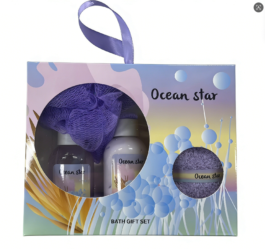 Ocean Star 3-piece Set Bath and Body Care Gift Box includes 100ml body wash, 100ml body lotion and purple mesh bath ball. Women's SPA set can be customized by brand Item Picture