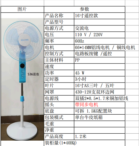 16寸遥控款三叶220V电风扇厂家直销蓝色款详情2