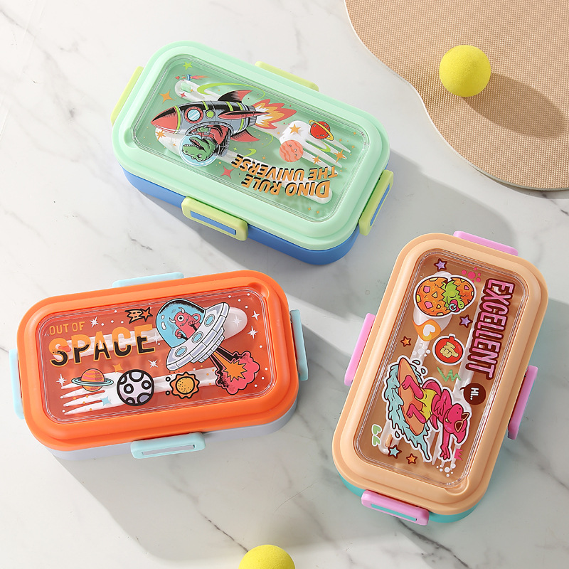 Space dinosaur cartoon printed lunch box, 304 stainless steel inner liner, portable snap-on sealed children's compartments lunch box Application Scenario