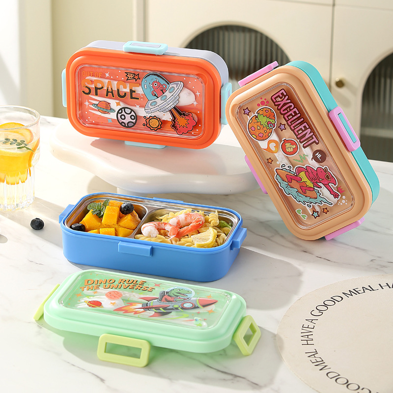 Space dinosaur cartoon printed lunch box, 304 stainless steel inner liner, portable snap-on sealed children's compartments lunch box details Picture
