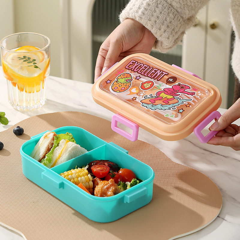 Space dinosaur cartoon printed lunch box, 304 stainless steel inner liner, portable snap-on sealed children's compartments lunch box Specification drawing