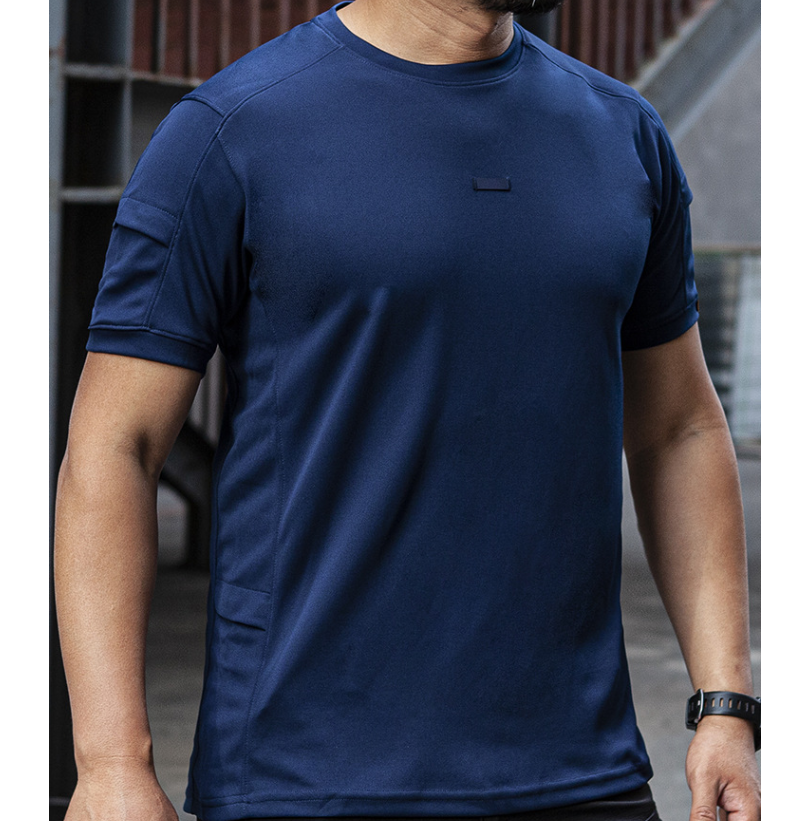 Outdoor men's summer tactical round-neck T-shirt, light, breathable, elastic, slimming sports coolmax short-sleeved details Picture