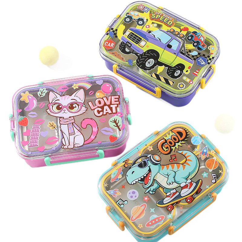 卡通猫咪恐龙汽车印花饭盒 304 不锈钢内胆 自带筷勺 儿童分格便当盒详情2