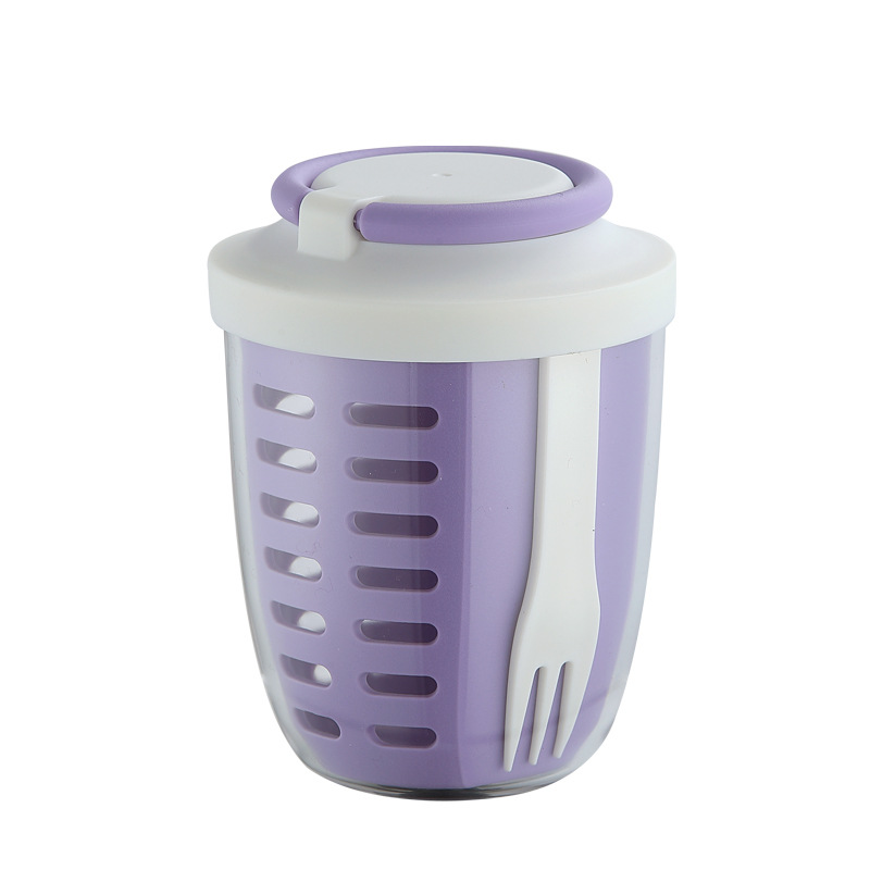 双层沥水便携沙拉杯 带挂环与内置叉勺 卡扣密封 上班族早餐水果酸奶杯详情2