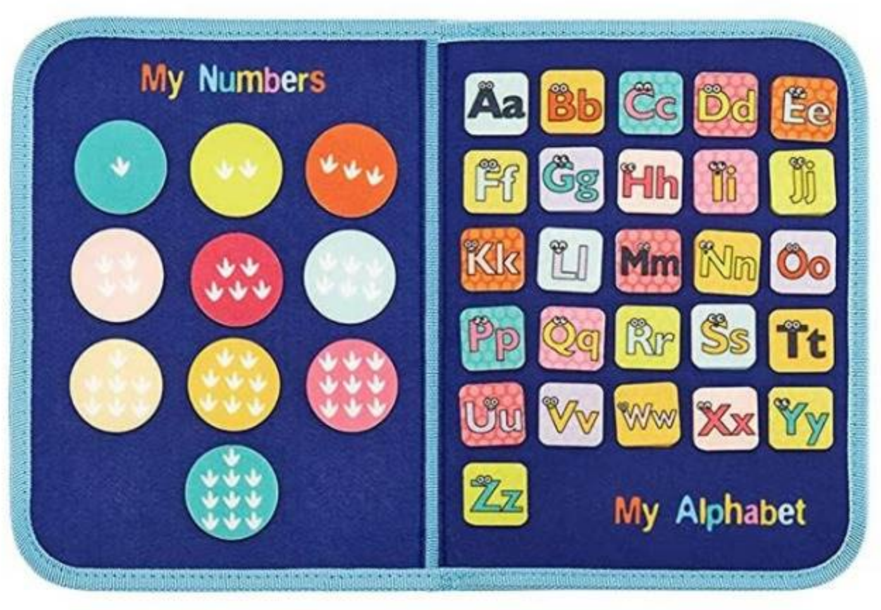 Blue dinosaur handbag, children's educational toy set, numbers, letters, shapes, colors, weather, animal matching, learning cloth books, early education teaching AIDS, trendy light and shadow, science zone Item Picture