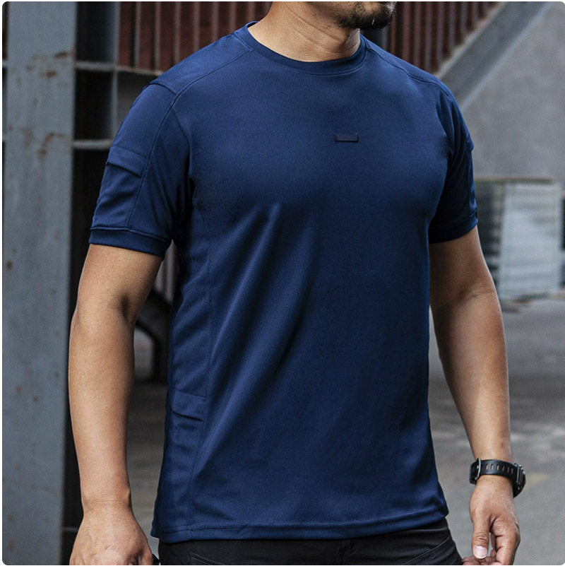 Outdoor men's summer sports tactical round-neck T-shirt, light, breathable, elastic, slimming sports short-sleeved details Picture