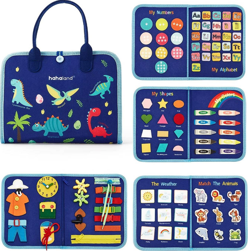 Blue dinosaur handbag, children's educational toy set, numbers, letters, shapes, colors, weather, animal matching, learning cloth books, early education teaching AIDS, trendy light and shadow, science zone