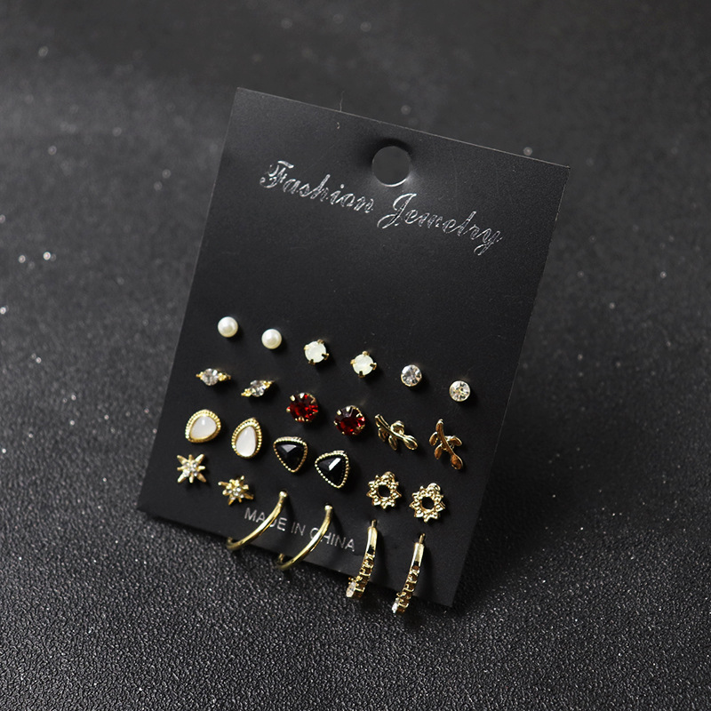 欧美跨境珍珠镶钻耳钉套装12对一卡时尚几何耳饰C型小耳圈合金气质百搭小耳钉组合套装俊苒饰品