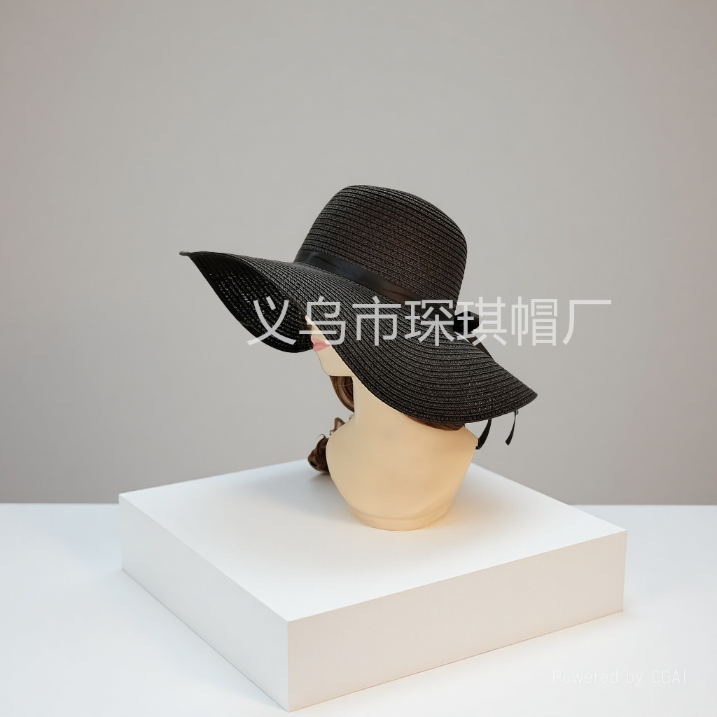Summer ladies' beach hat, sun visor, wide-brimmed straw hat, simple, casual, versatile, foldable hat, bow sun hat Specification image
