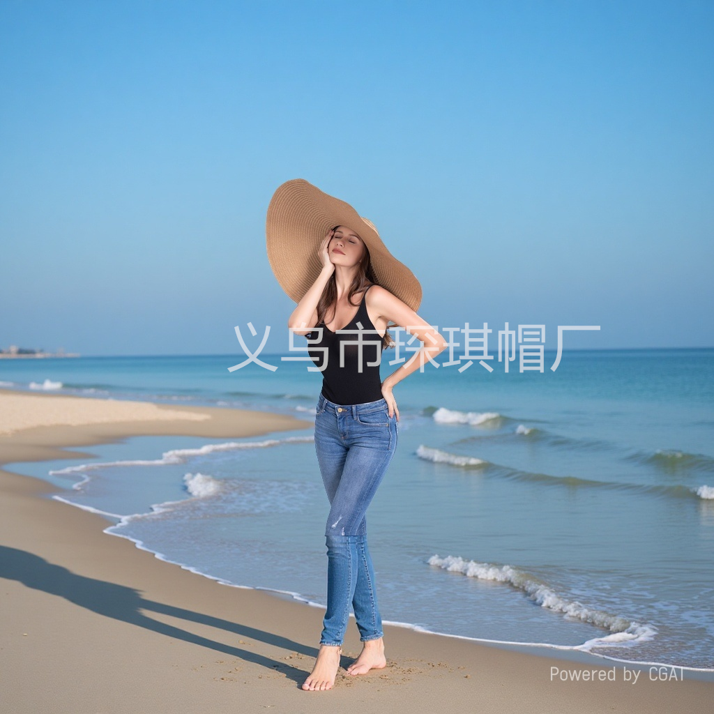 Ladies' cross-border bestsellers: Summer oversized brim straw hat, beach hat, seaside vacation sun protection hat, UV protection foldable, outdoor swimming pool shooting fashionable sun protection hat, solid color straw woven hat details Picture