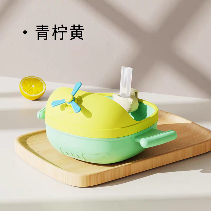 Baby and maternal products, baby food bowls, feeding and nurturing tableware, stainless steel 316, food grade, small airplane, fun for children, 300ml with straw