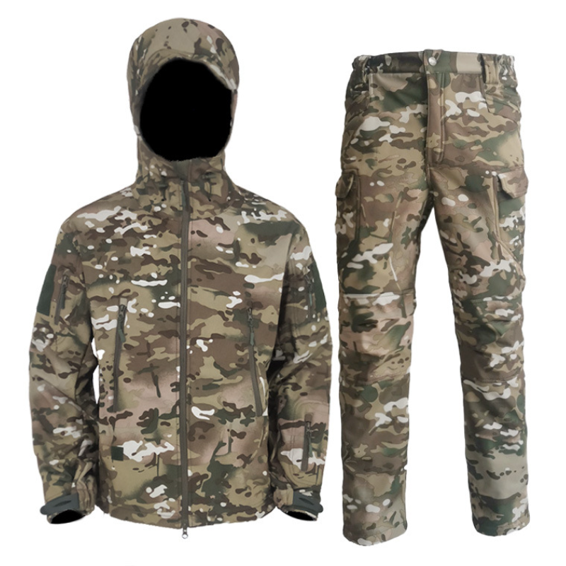 New all-cotton training uniform, outdoor camouflage uniform, shark skin windbreaker, waterproof, windproof and wear-resistant training uniform, hooded top Item Picture