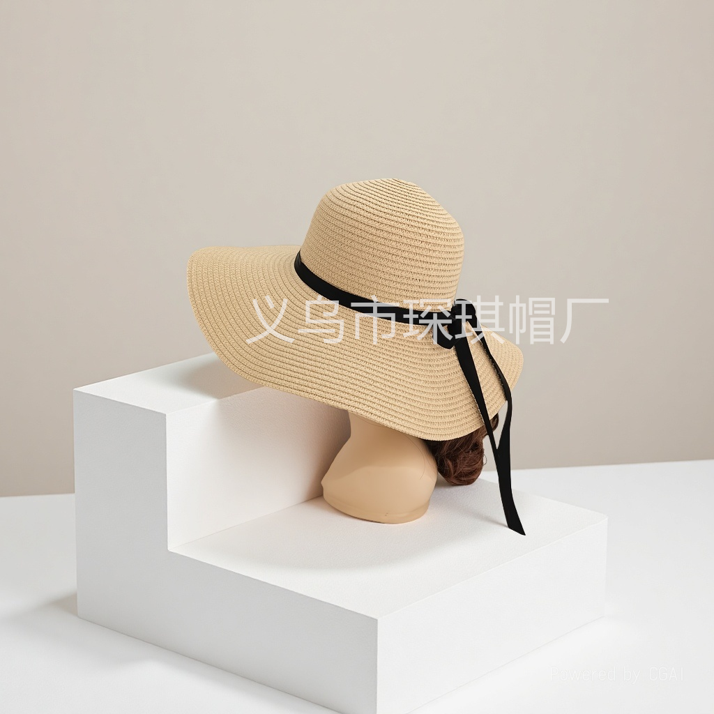 Summer ladies' beach hat, sun visor, wide-brimmed straw hat, simple, casual, versatile, foldable hat, bow sun hat details Picture