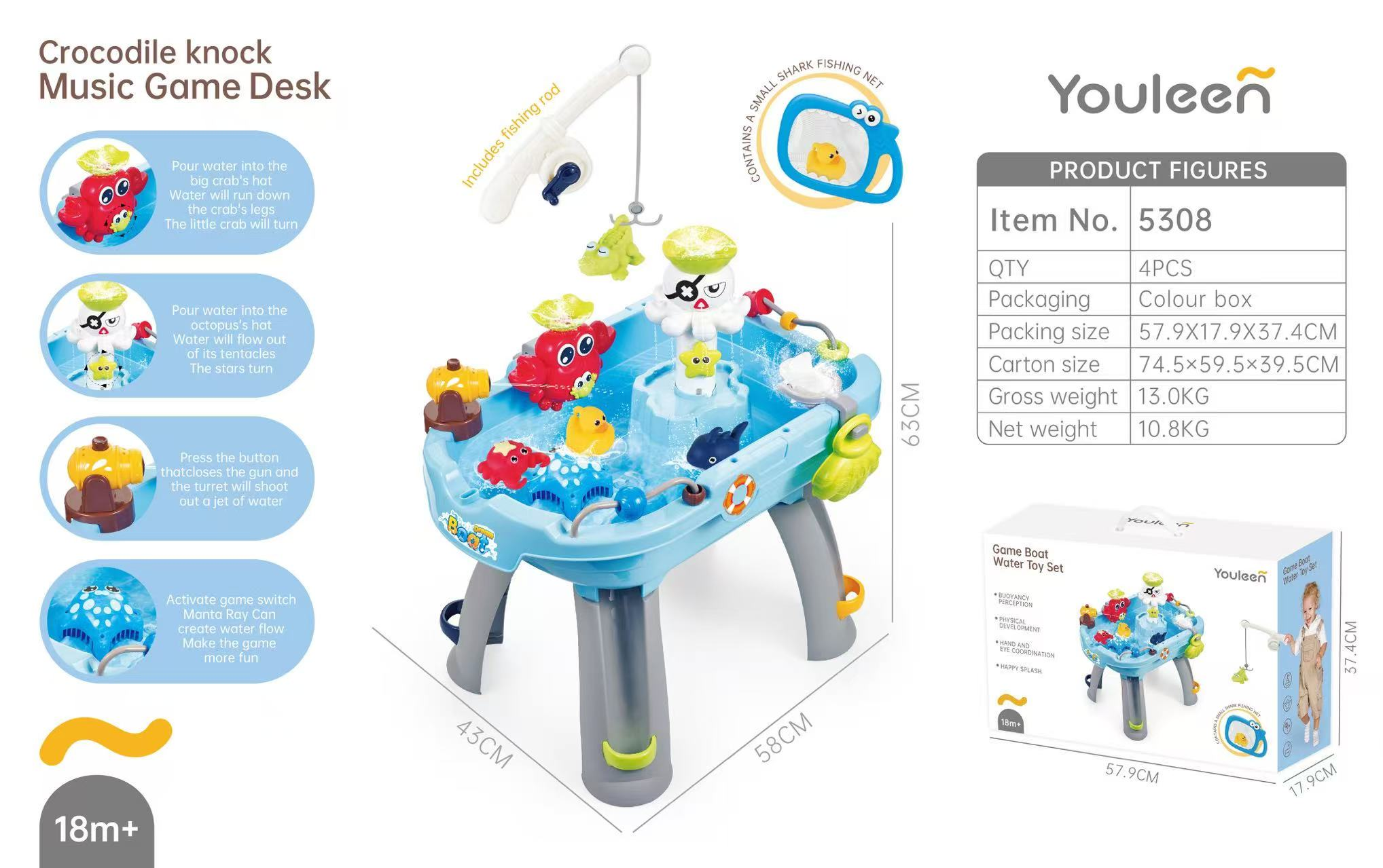 The Youleen 5308 amusement boat water play toy set for children features a variety of water table toys. The fruit and animal models are reusable and easy to clean. Multiple colors are available Application Scenario