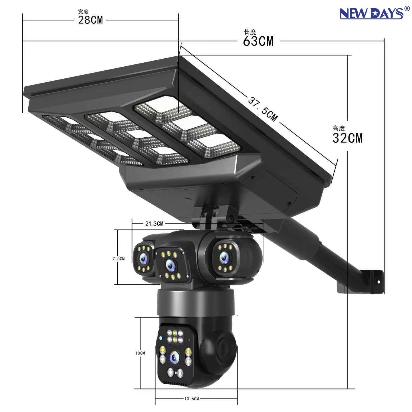 NEWDAYS brand's new cross-border smart solar street lamp surveillance camera, energy-saving and high-brightness security for outdoor courtyards, motion detection alarm details Picture