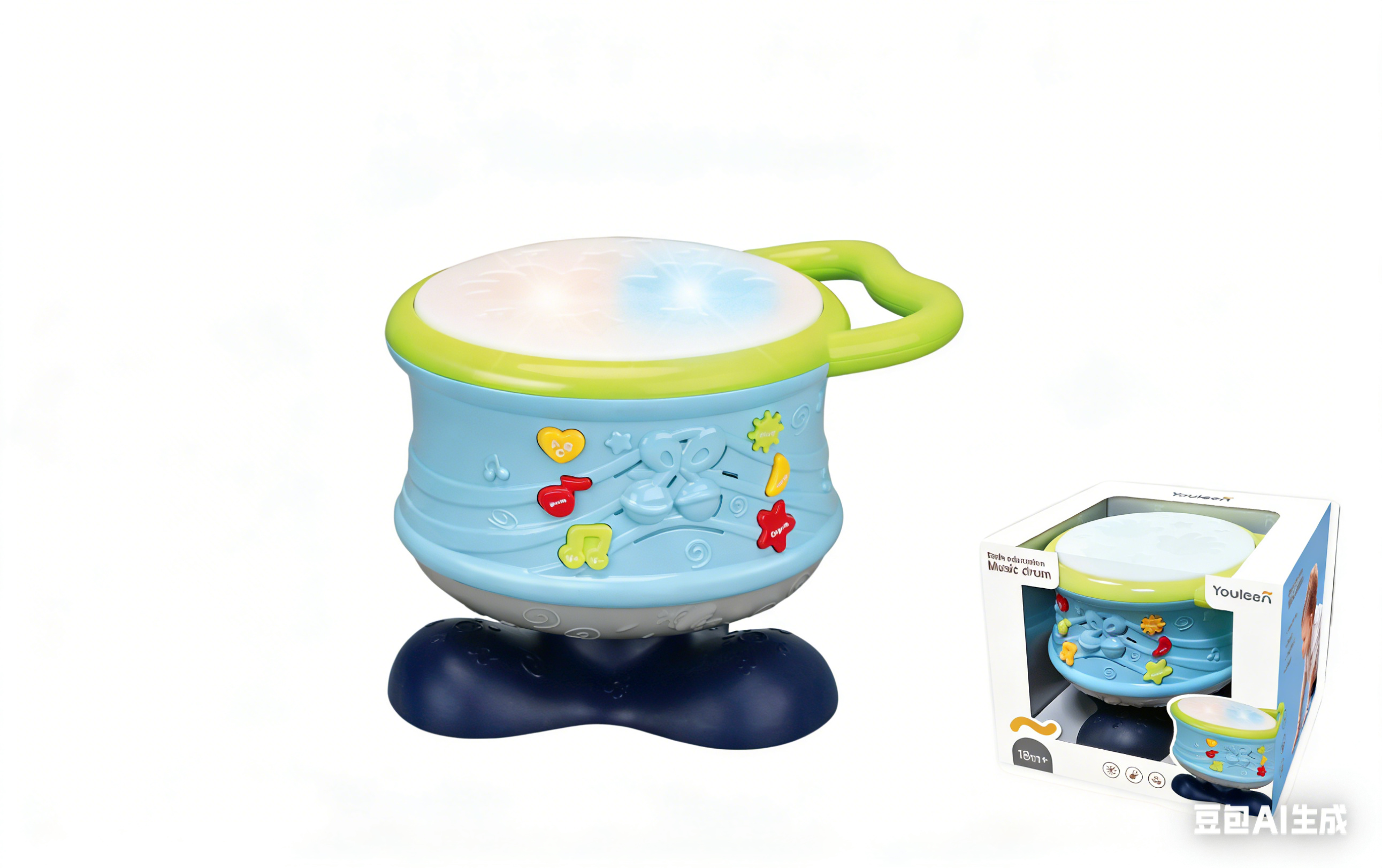 优乐恩6305早教音乐转鼓蓝色音乐鼓儿童玩具带绿色手柄彩色按钮灯光23x19x16cm适合18个月以上