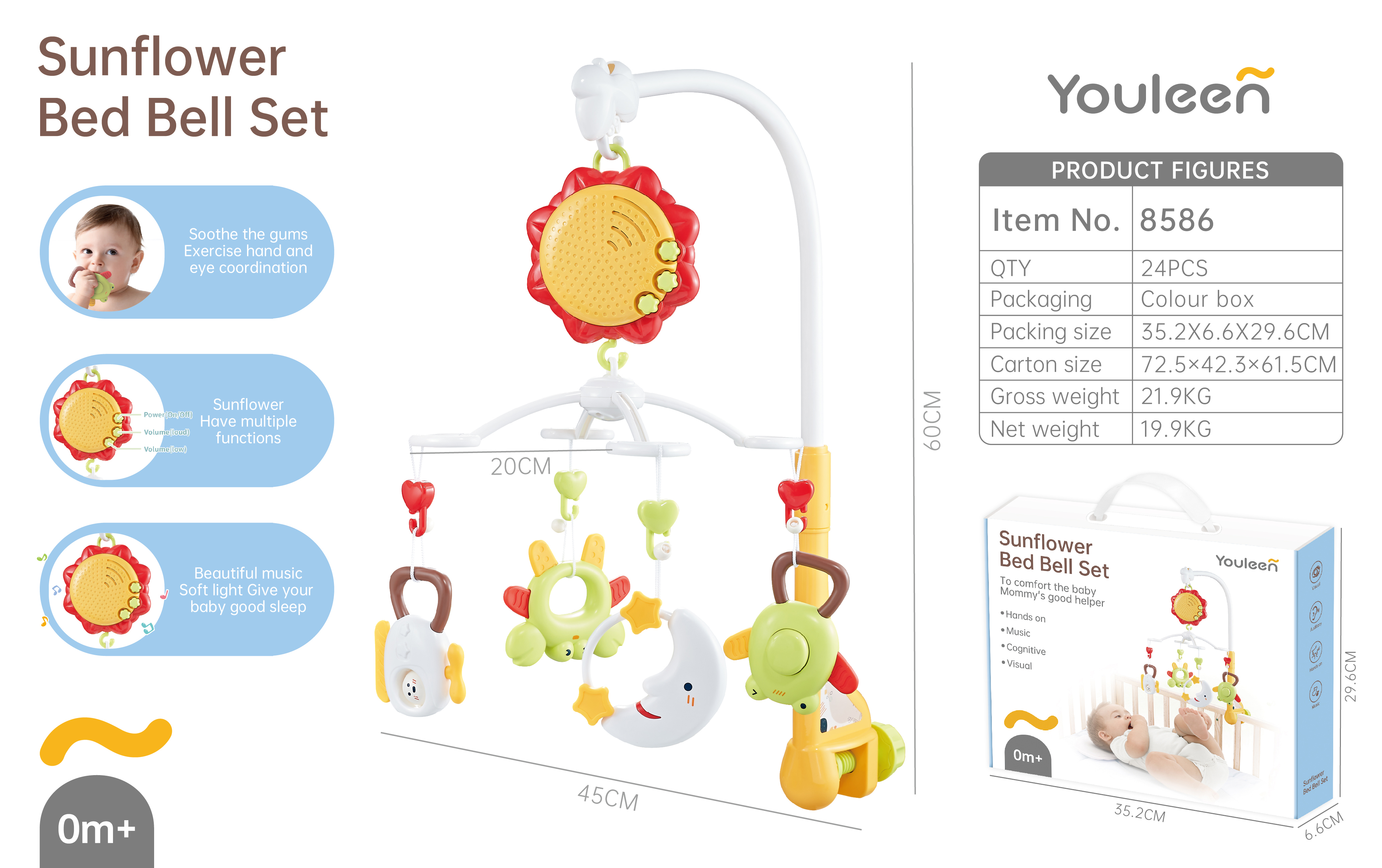 优乐恩8586婴儿床铃 0-1 岁 向日葵音乐旋转床铃 新生儿安抚哄睡玩具产品图