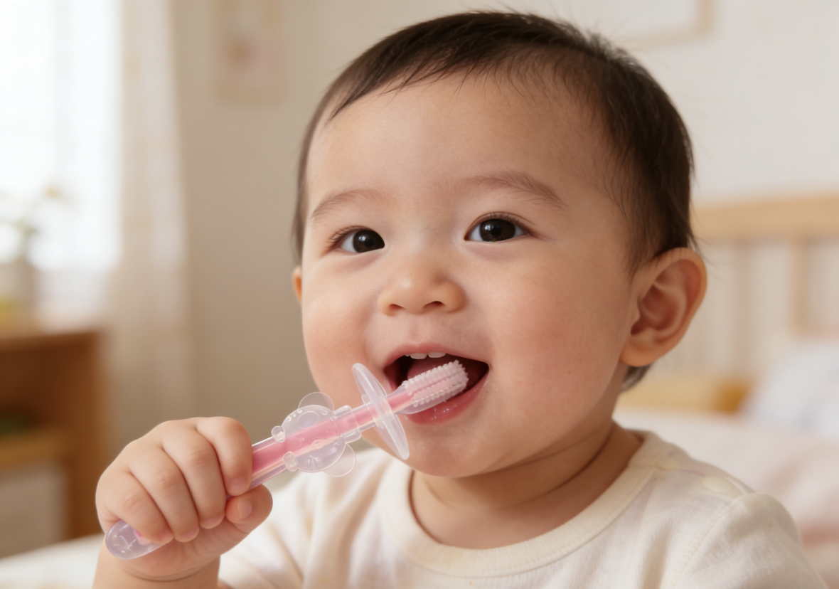 Baby toothbrush, mother and baby products, infant and toddler care products, gentle cleaning, anti-cavity, tooth-protecting, silicone, safe, non-toxic, odorless, cartoon pattern detail image 4