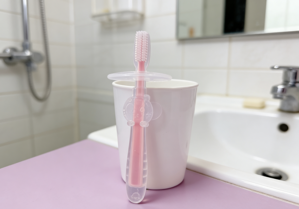 Baby toothbrush, mother and baby products, infant and toddler care products, gentle cleaning, anti-cavity, tooth-protecting, silicone, safe, non-toxic, odorless, cartoon pattern Application Scenario