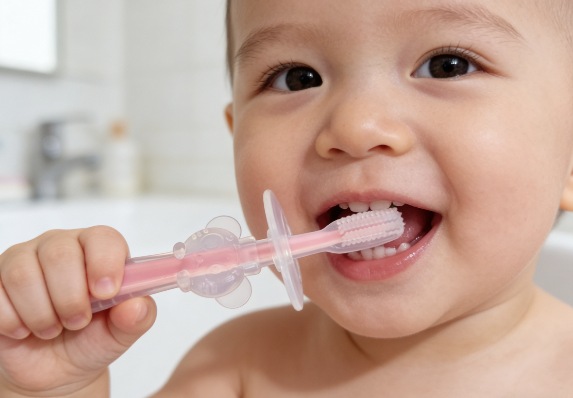 Baby toothbrush, mother and baby products, infant and toddler care products, gentle cleaning, anti-cavity, tooth-protecting, silicone, safe, non-toxic, odorless, cartoon pattern detail image 3