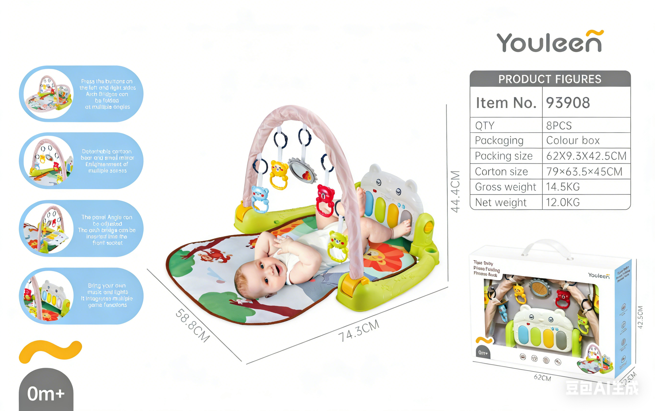 Youleen new new 93908 baby tiger piano fitness rack youleen tigre pedal piano fitness rack 0-1 año de edad bebé puzzle juguetes de enseñanza temprana recién nacido pacifica dormir trepadora Specification image