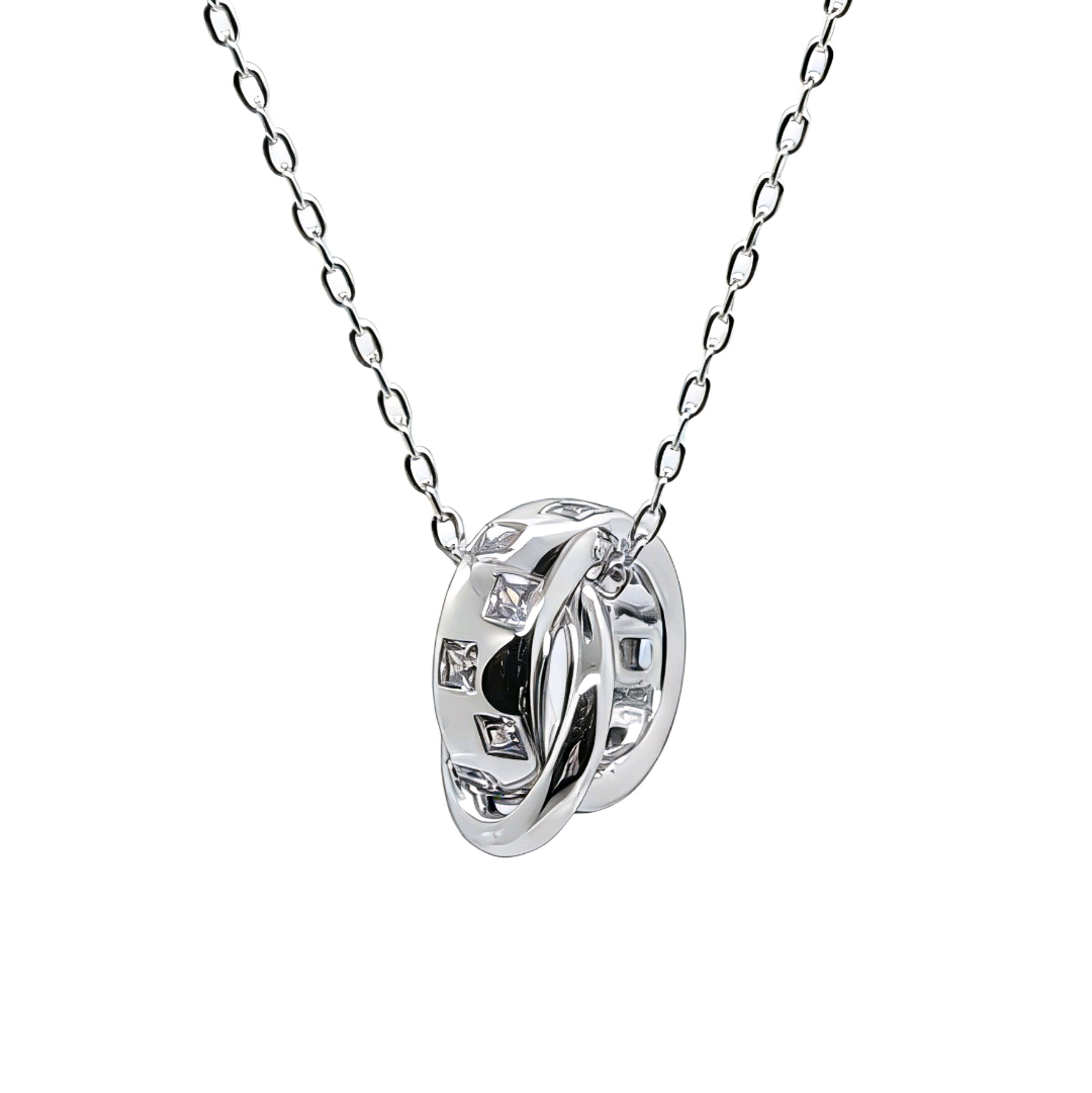 White zirconium double-ring necklace with pearl chain, women's style, patchwork and elegant details Picture