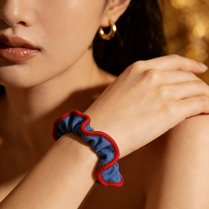 【 Exclusive Event 】 Grab 10! Free shipping! Denim blue and red black fungus lace hair band, high-elasticity hair tie, and dual-purpose hair accessory for Internet celebrities Application Scenario