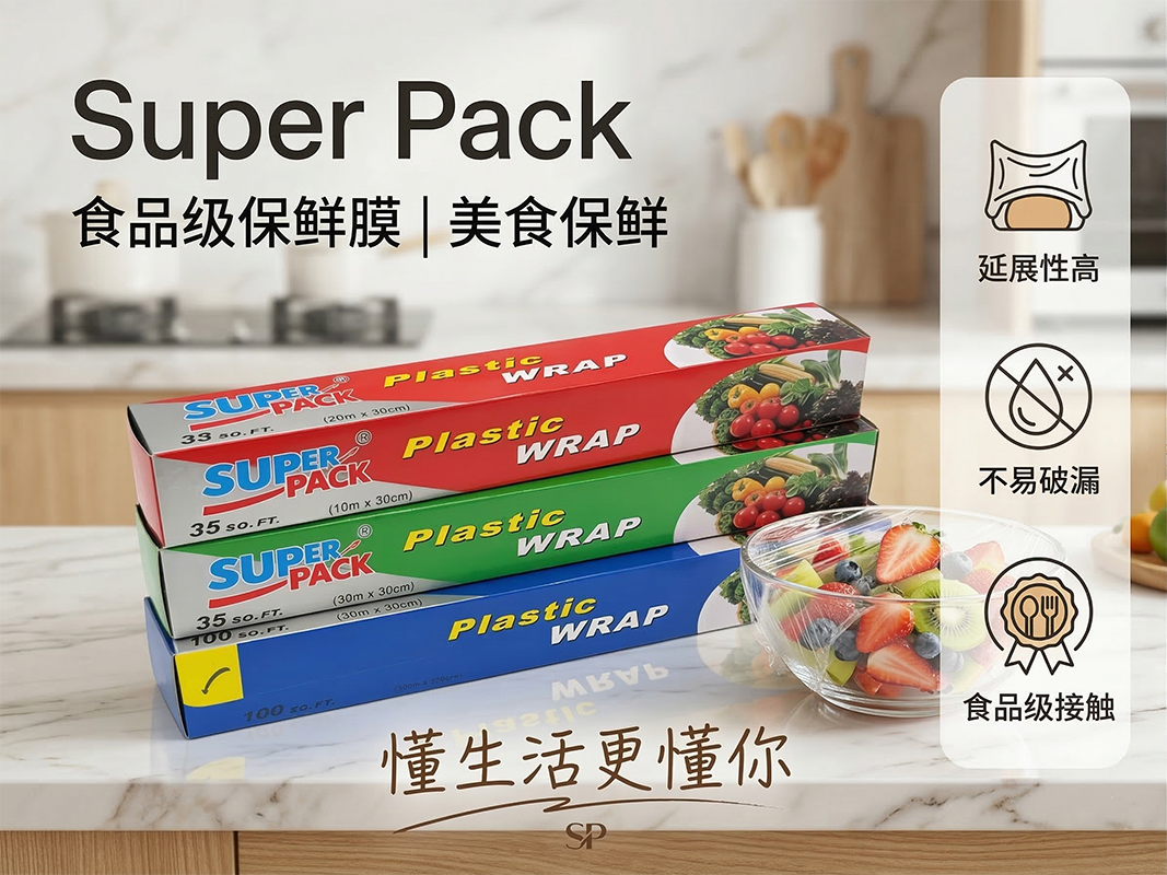 来米国际 “super pack”plastic wrap保鲜膜三色，延展性高不易破漏，PE，PP材质，食品级保鲜膜